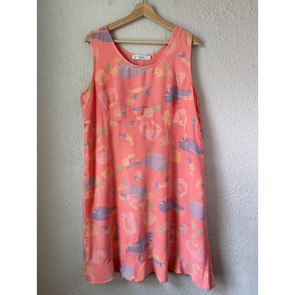 Vintage Y2K Fresh Produce Tencel Tropical Beach Print Tank Dress Made in USA XL